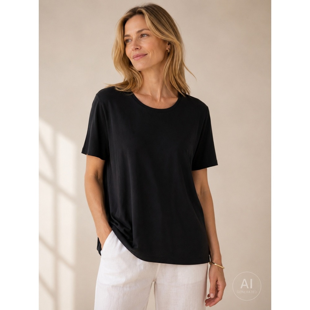 Eileen Fisher Black Organic Cotton Crew Neck Tee F7FTO-T0216X Plus Size 2X NWT